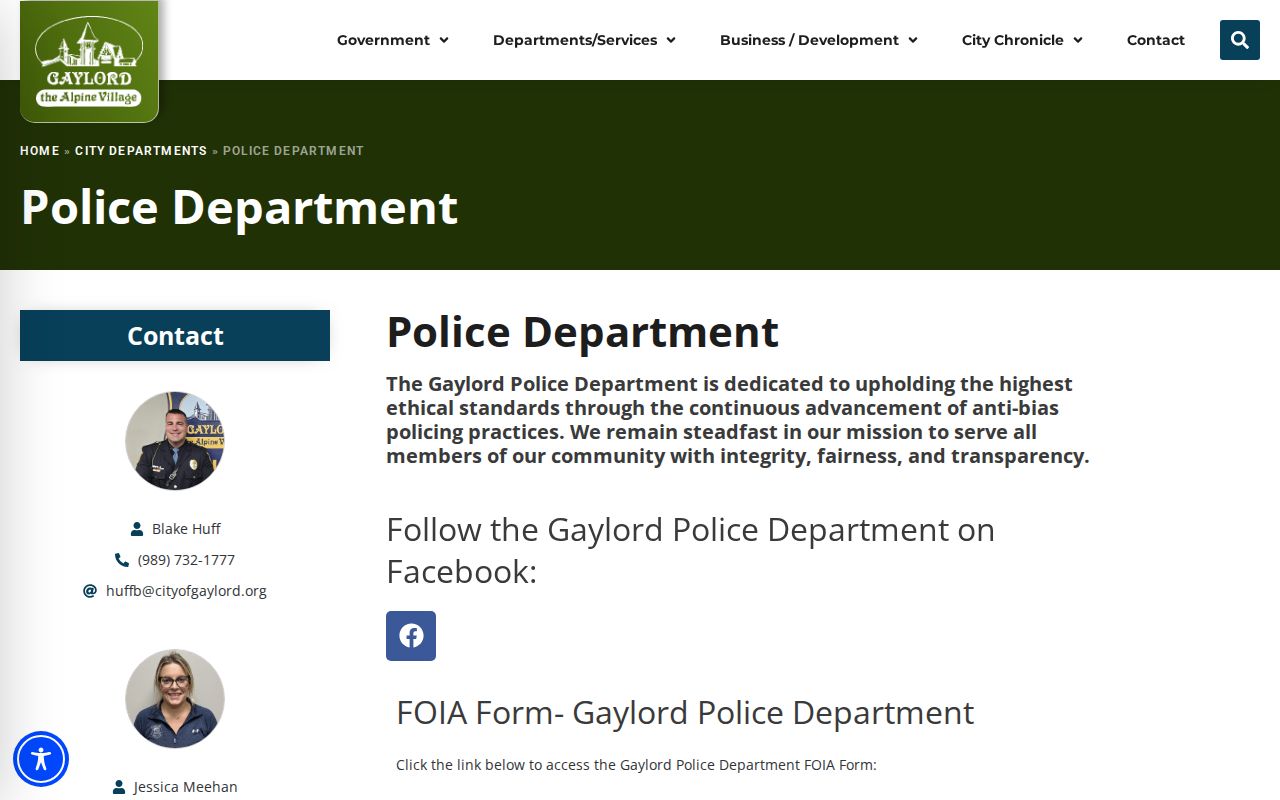 Gaylord Police Department contact and records page