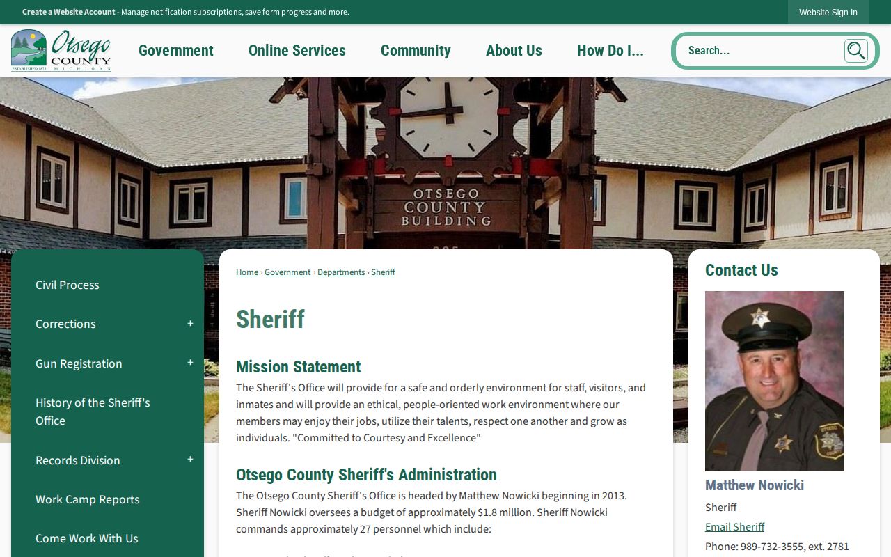 Otsego County Sheriff official contact and public records page