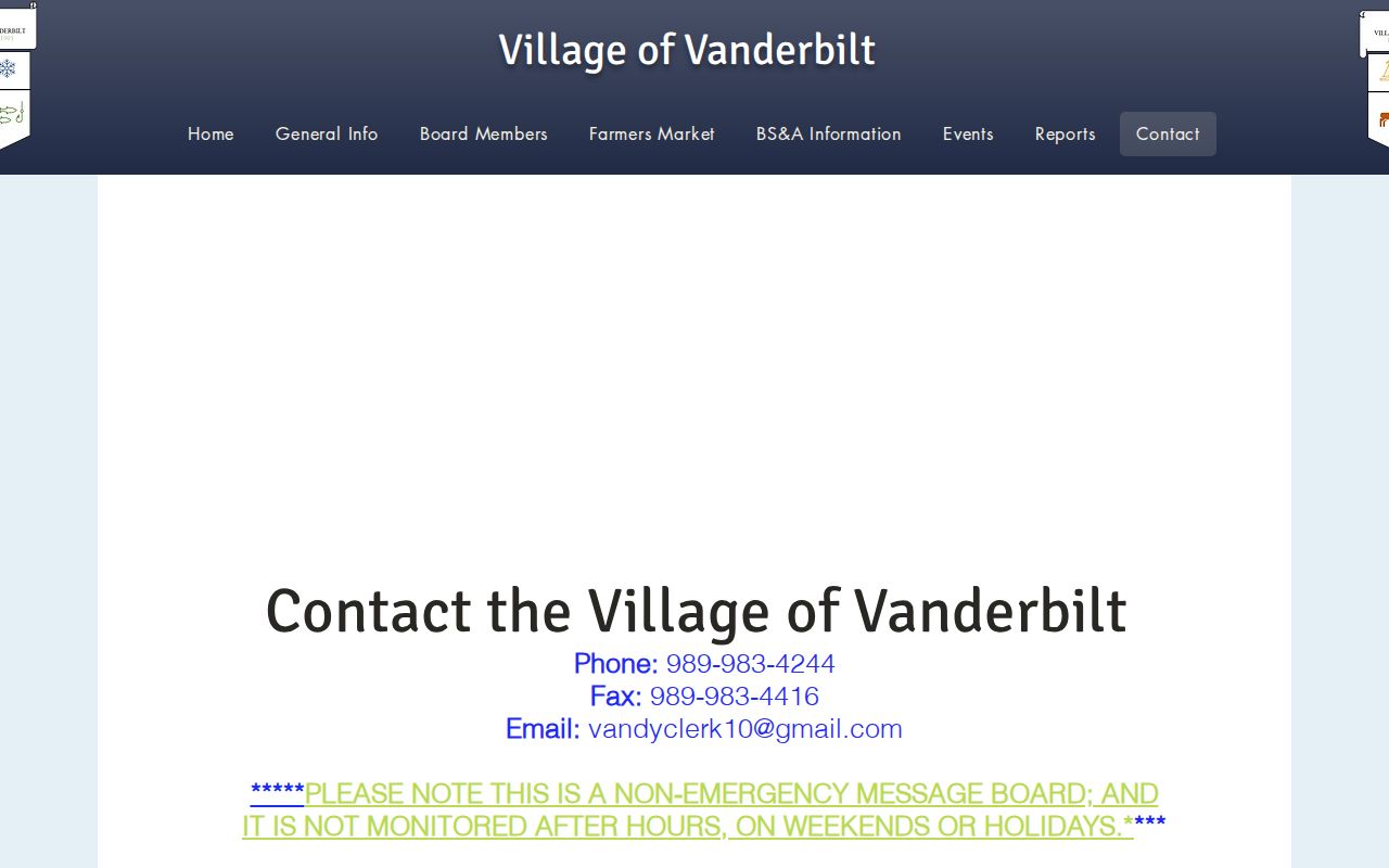 Village of Vanderbilt municipal address and contact page