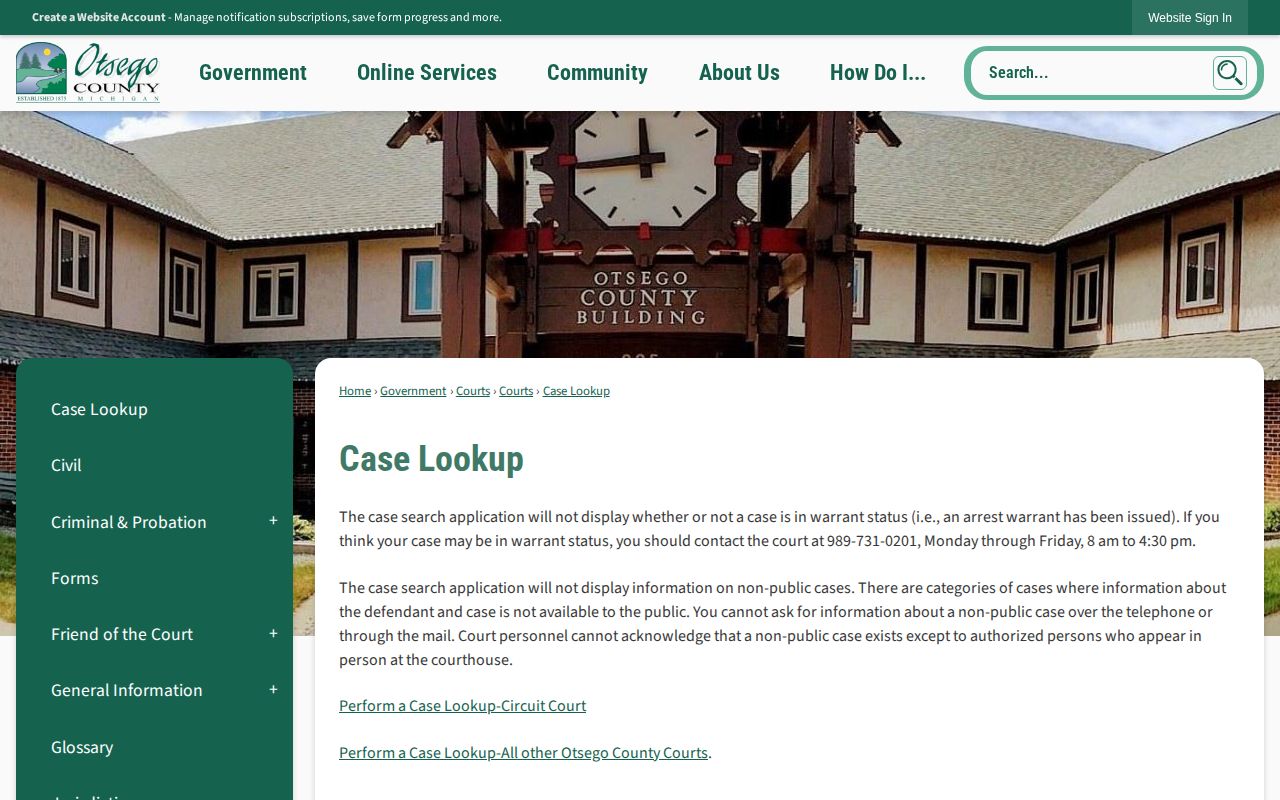 Otsego County arrest warrant case lookup limitation