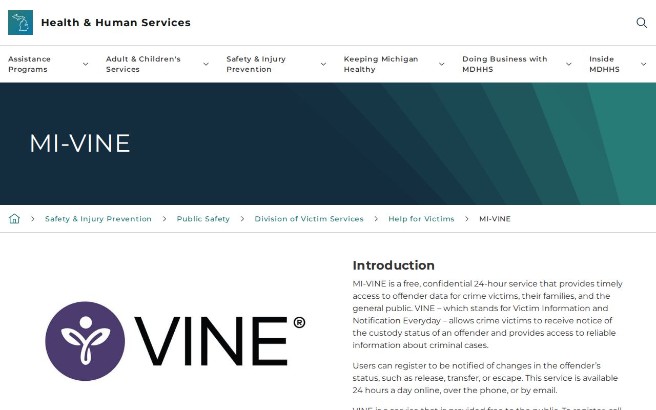 Michigan MI-VINE official free confidential custody notification description