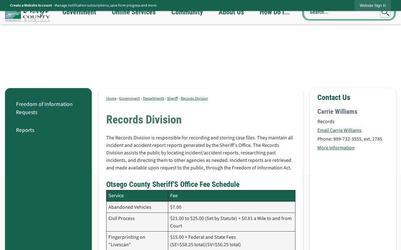 Otsego County arrest record request routing page