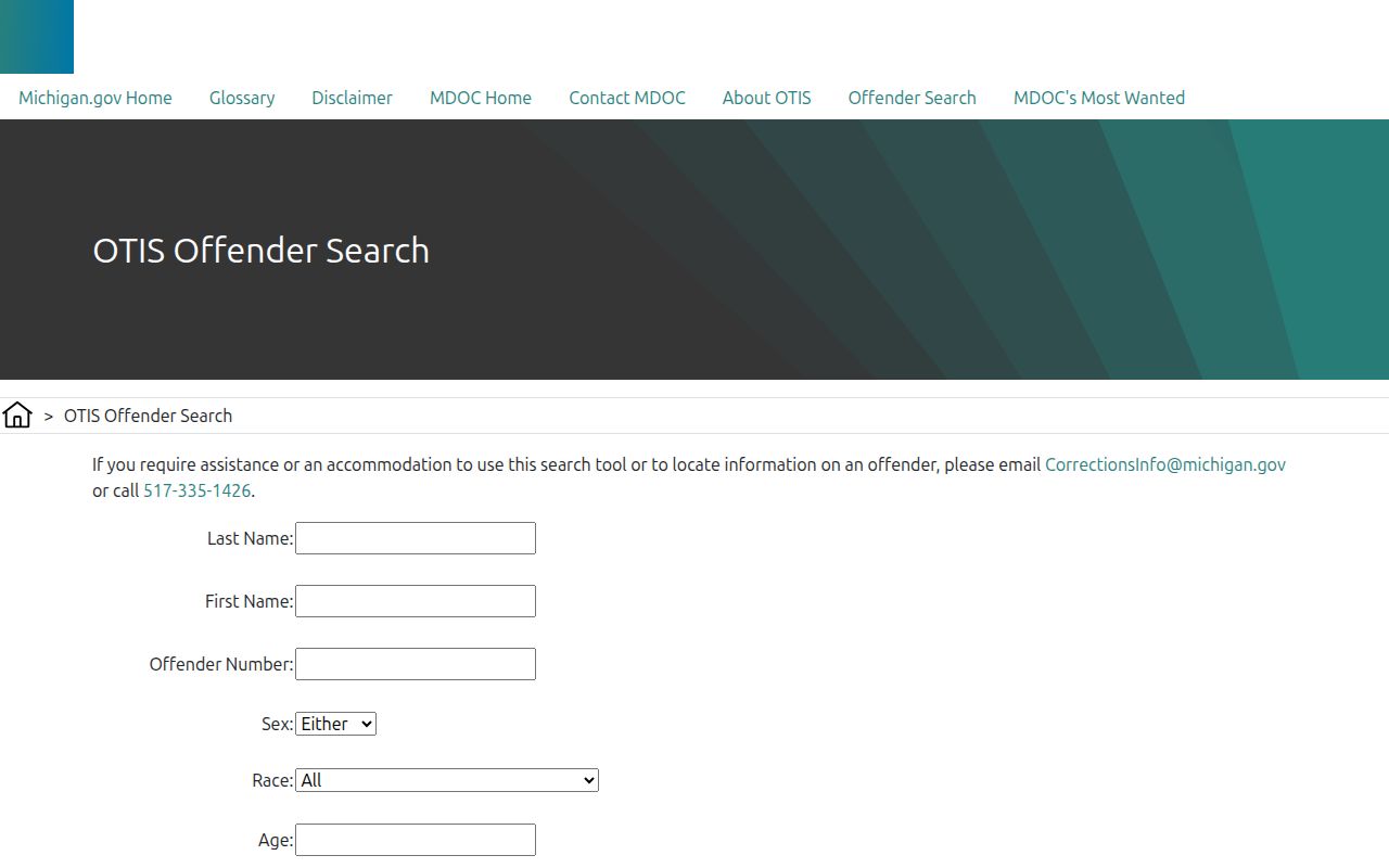 Michigan OTIS state corrections custody search fields