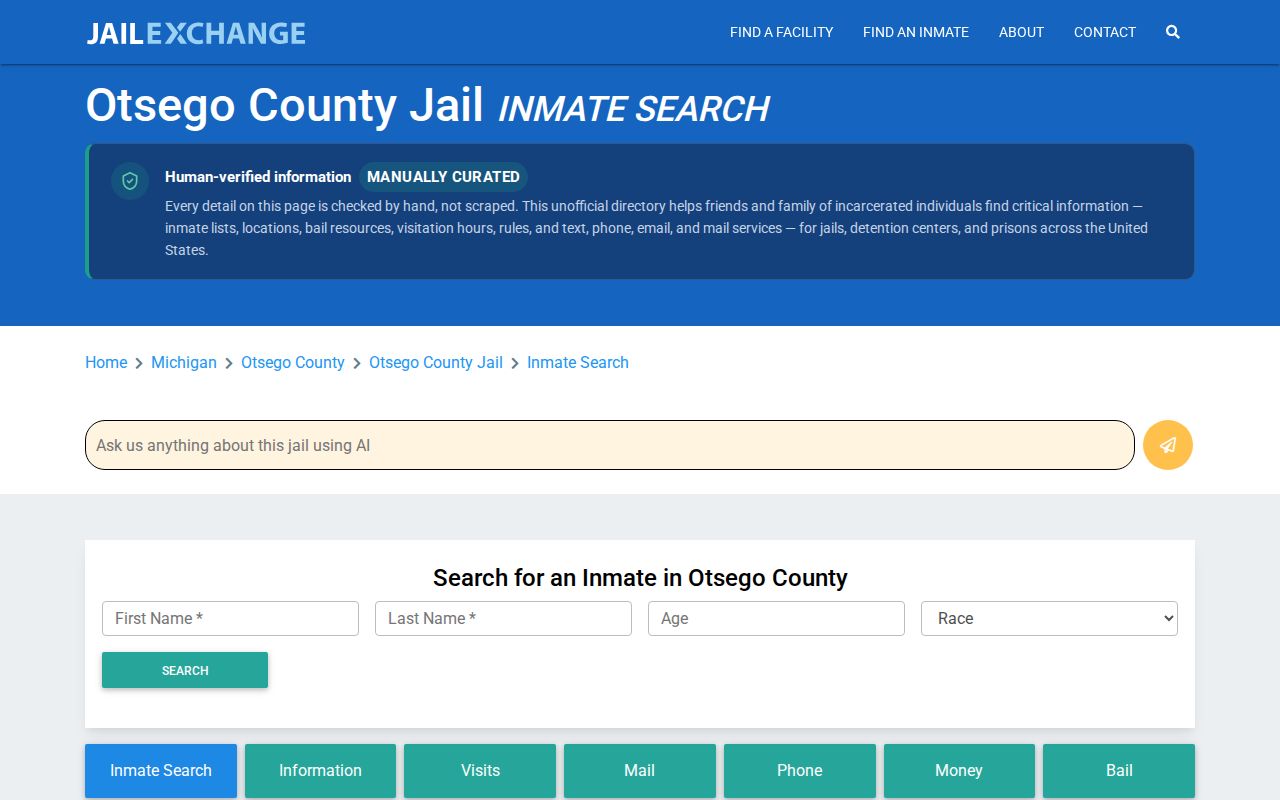 Jail Exchange third-party Otsego County Jail directory page